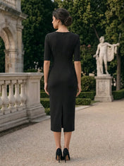 Black Keyhole Cutout Half-Sleeve Midi Evening Dress