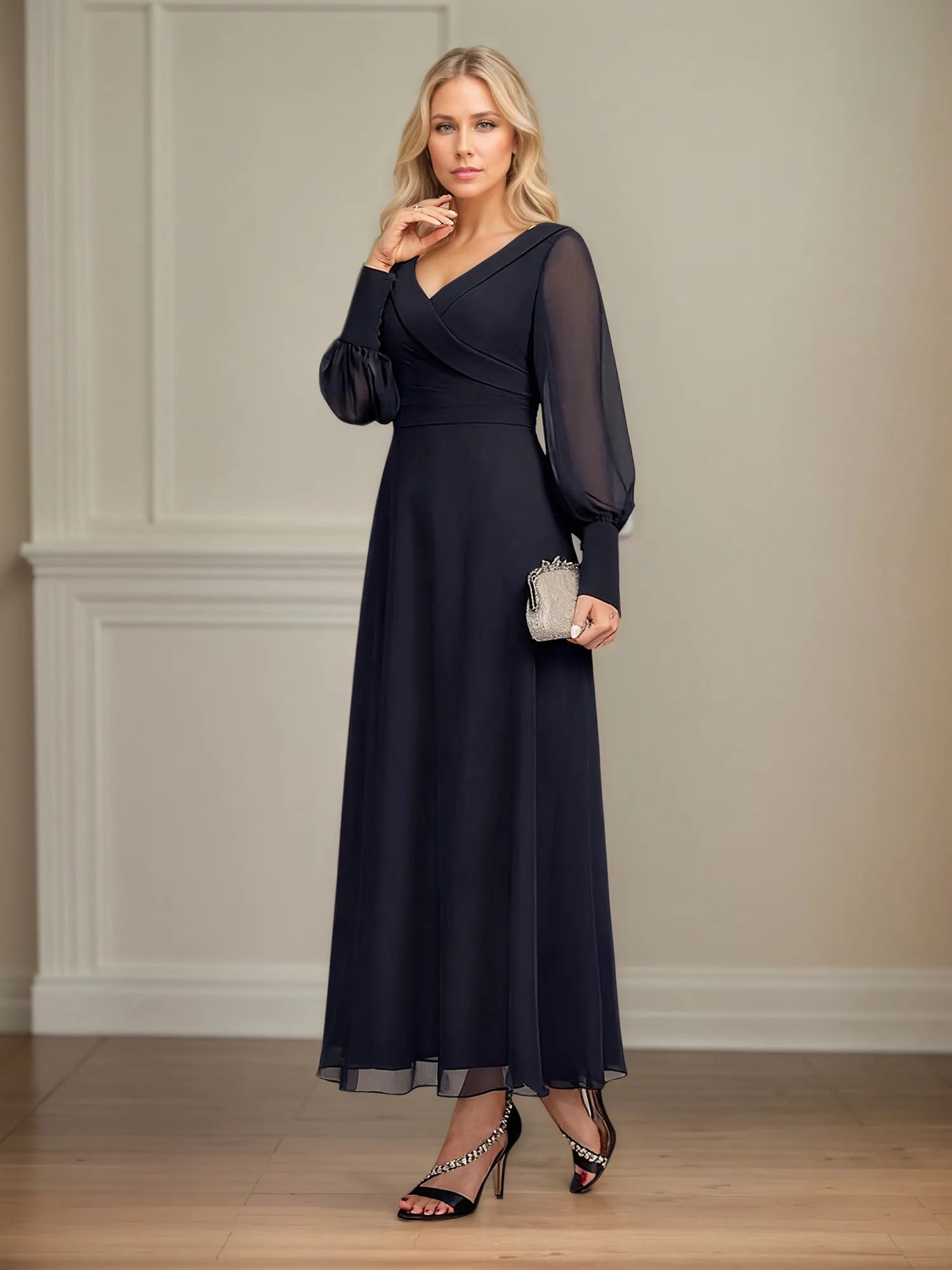 A-line V-Neck Collared Ankle-Length Chiffon Mother of the Bride Dress With Pleated