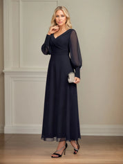 A-line V-Neck Collared Ankle-Length Chiffon Mother of the Bride Dress With Pleated