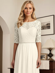 A-Line Scoop Neck 1/2 Sleeves Chiffon Mother Of The Bride Dresses With Appliques Lace