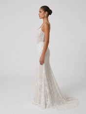 Spaghetti Strap Sheer Corset Beaded Lace Mermaid Wedding Dress with Sweep Train