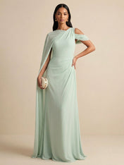 Sage Green Cape Sleeve Chiffon Evening Dress with Ruched Waist