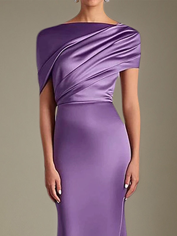 Satin Wedding Guest Dresses Asymmetrical Neck Floor Length Dress