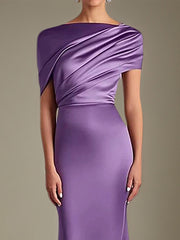 Satin Wedding Guest Dresses Asymmetrical Neck Floor Length Dress