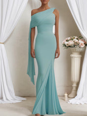 Formal Evening Dress Light Blue One Shoulder Draped Slit Floor Dress