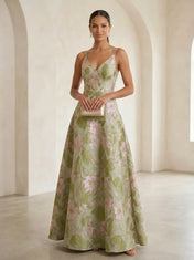 V-Neck Jacquard Double-Strap Long Mother Of The Bride Dresses