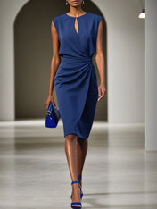 Purplish Blue Ruched Cut Out Classic Crew Neck Cap Sleeve Sheath/Column Midi Dress