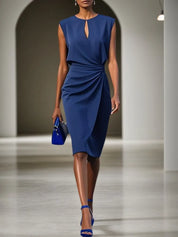 Purplish Blue Ruched Cut Out Classic Crew Neck Cap Sleeve Sheath/Column Midi Dress
