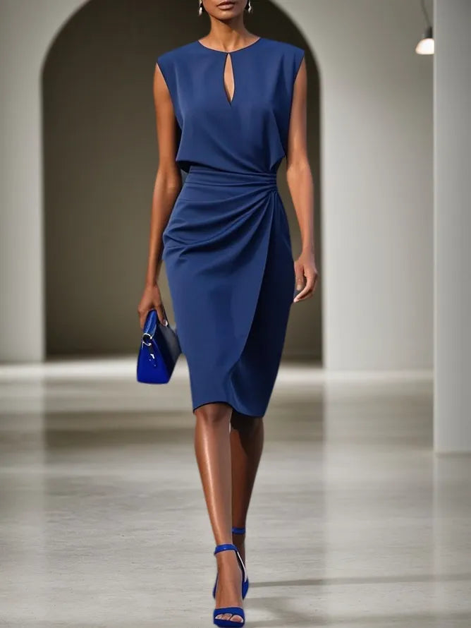 Purplish Blue Ruched Cut Out Classic Crew Neck Cap Sleeve Sheath/Column Midi Dress