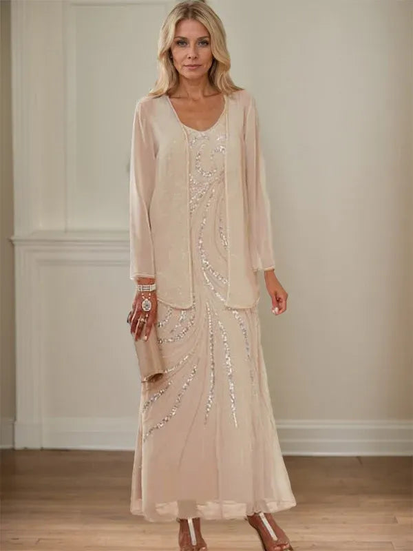 Robe de mère de la mariée fourreau/colonne, col en V, longueur cheville, avec veste et paillettes 