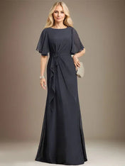 A-line Scoop Floor-Length Chiffon Mother of the Bride Dress With Cascading Ruffles Beading Sequins