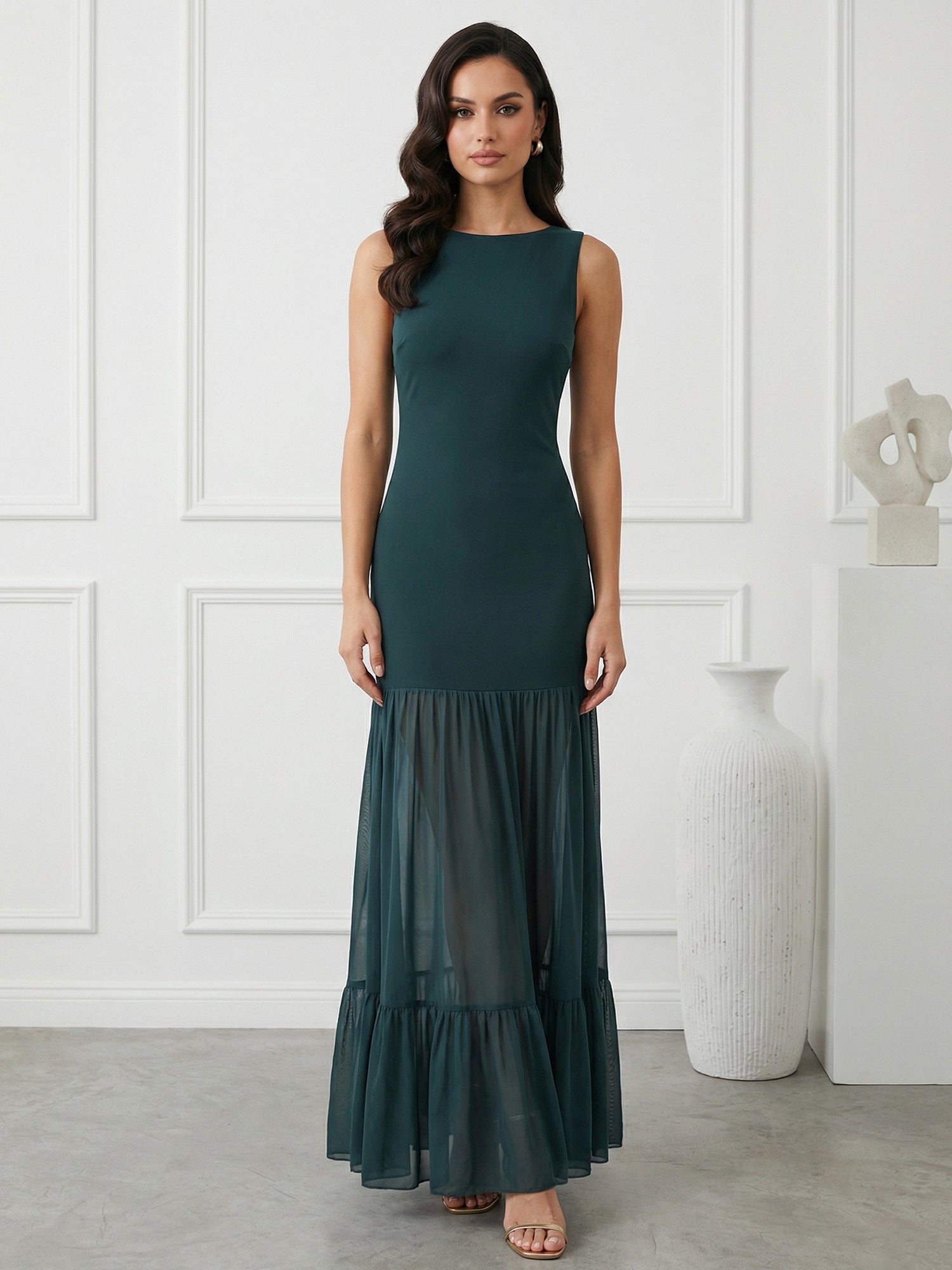 Dark Green Mermaid Boat Neck Maxi Dresses with Ruffle