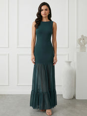 Dark Green Mermaid Boat Neck Maxi Dresses with Ruffle