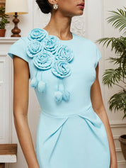 Blue 3D Floral Cap Sleeve Sheath Midi Dress