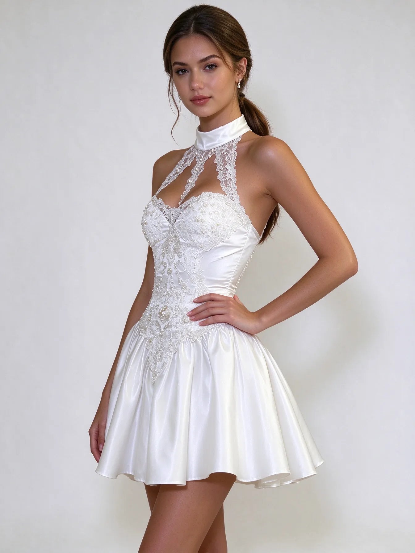 Halter Lace Pearl Corset Satin Mini Dress Wedding Dress