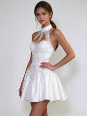 Halter Lace Pearl Corset Satin Mini Dress Wedding Dress