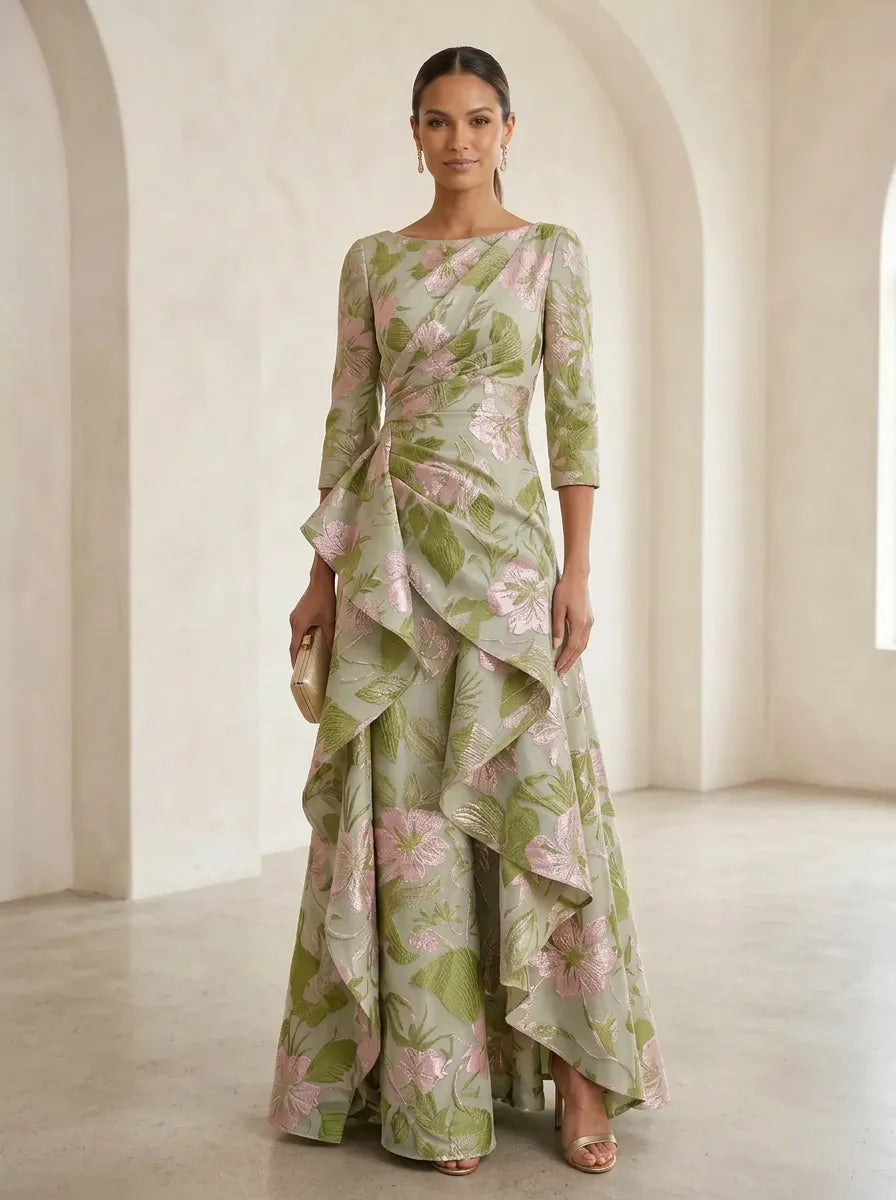 Elegant Boat-Neck Jacquard Asymmetric Ruffle Long Mother Of The Bride Dresses