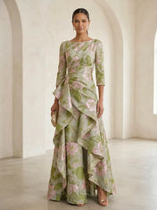 Elegant Boat-Neck Jacquard Asymmetric Ruffle Long Mother Of The Bride Dresses