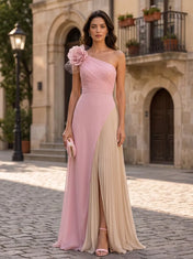 One-Shoulder Ruched 3D Floral Pleated Chiffon Evening Gown