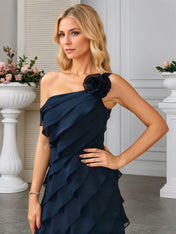 A-line One Shoulder Floor-Length Chiffon Evening Dress With Cascading Ruffles Flower