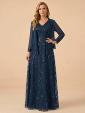 A-Line Sequin Embroidered V-Neck Mother of the Bride Gown with Matching Jacket