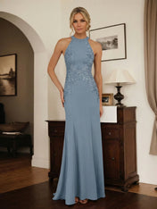 Dusty Blue Sheath Halter Long Mother of Bride Dress With Appliques