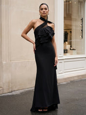 Black Halter Neck Mermaid Chiffon Evening Dress with Ruffle