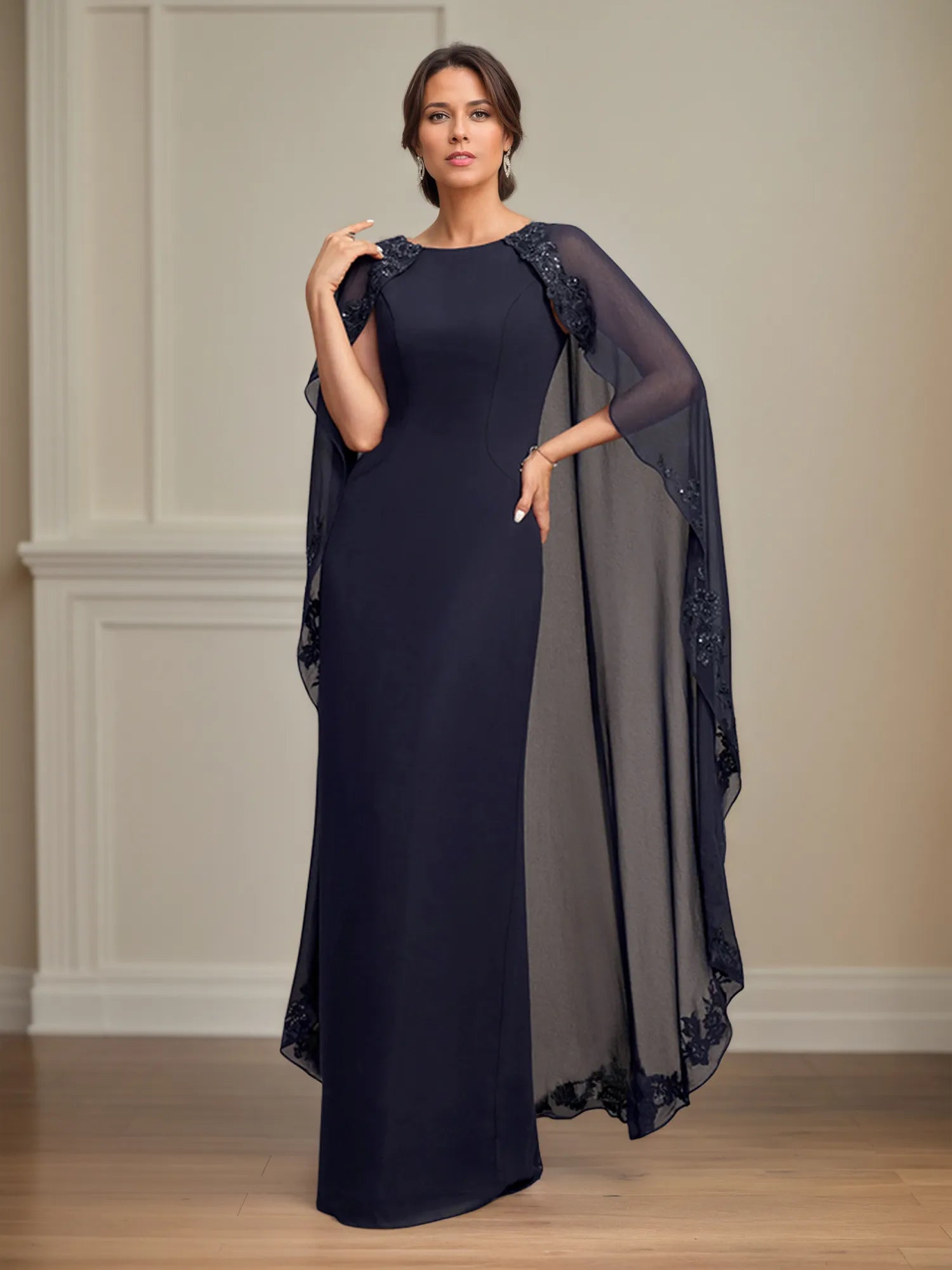 Sheath/Column Scoop Floor Length Chiffon Mother of the Bride Dress With Appliques Sequins
