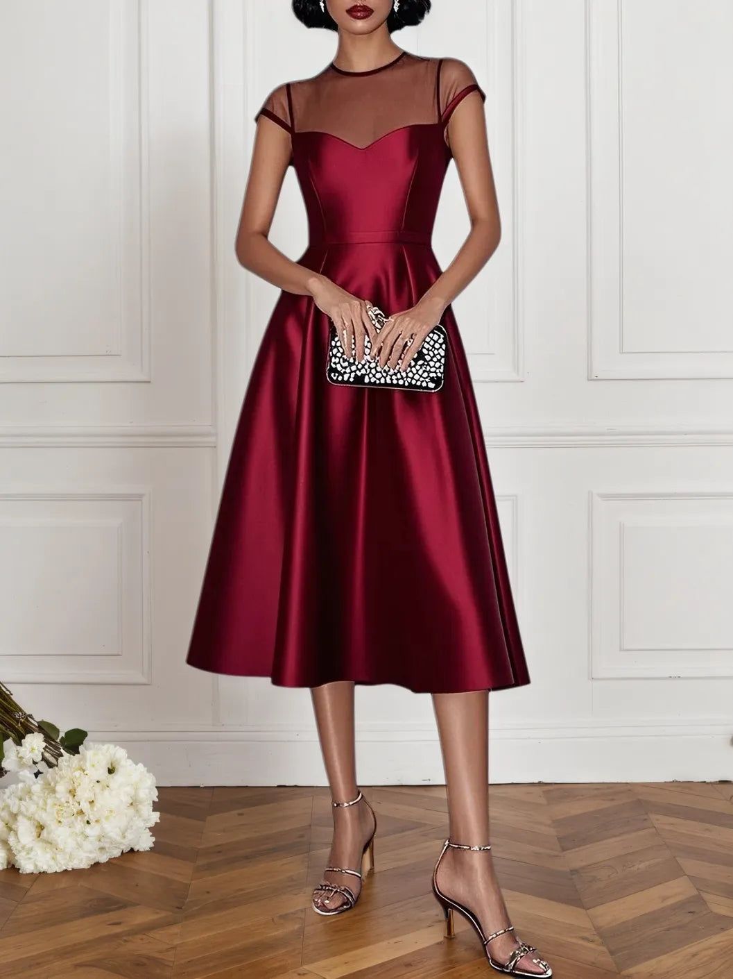 Wine Red Mesh Satin Crew Neck Short Sleeve A-Line Midi Dress