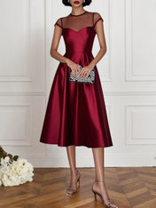 Wine Red Mesh Satin Crew Neck Short Sleeve A-Line Midi Dress