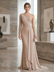 Elegant Rose Gold One-Shoulder Sequin Sheath Evening Dress with Chiffon Draping and Floor-Length Train
