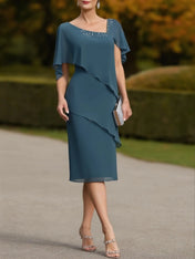 Mother of the Bride Dress Blue Asymmetrical Layer Knee-Length Dress