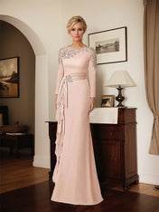 Elegant Blush Satin Sheath Mother of the Bride Dress with Long Sleeves