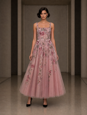 Floral Embroidery A-Line/Princess Square Neck Ankle-Length Evening Dresses