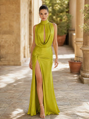 Chartreuse High-Neck Cowl-Front Slit Sleeveless Evening Dress