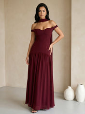 Burgundy Off the Shoulder Maxi Dresses with Scarf A Line Evening Dress