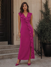 Ruffled V-Neck Sleeveless Crepe Evening Dress