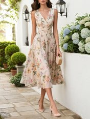 Beige Ruched Floral Chiffon V Neck Sleeveless A-Line Midi Dress