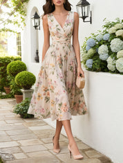 Beige Ruched Floral Chiffon V Neck Sleeveless A-Line Midi Dress