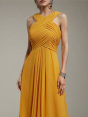A Line Yellow Chiffon Cross Neck Sleeveless Floor Length Dress