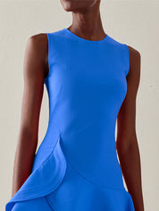 A Line Blue Stretch Crepe Round Neck Sleeveless Dress With Ruffles