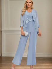 Elegant Simple Scoop Neck Floor Length Mother of the Bride Pantsuit Wedding Guest Dress