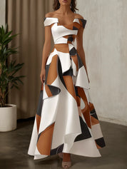 White Color Block Off The Shoulder A-Line Maxi Dress