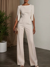 Women White Imitation Pearls Slit Boat Neck Half Sleeve Dressy Jumpsuit