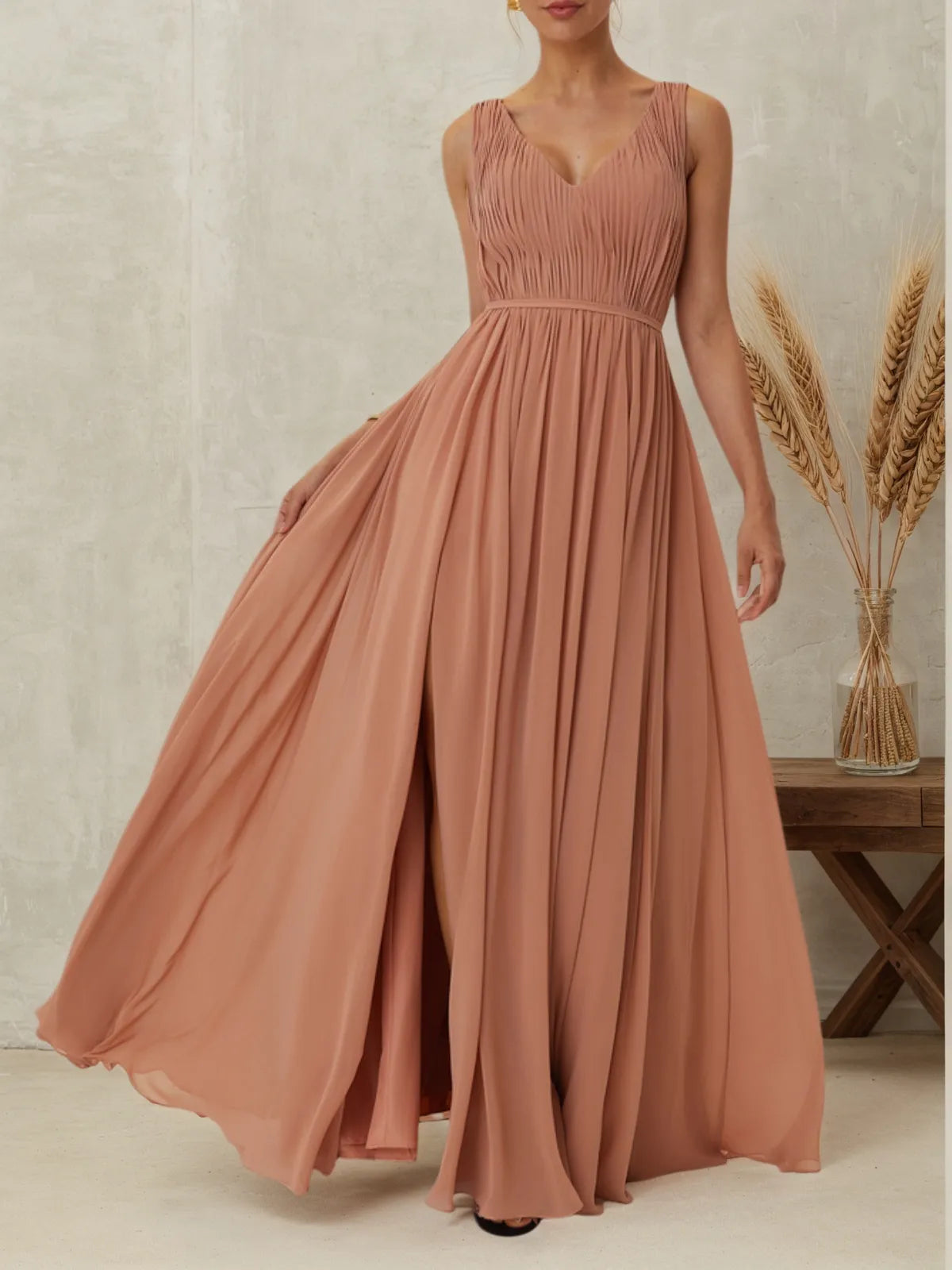 Pink Ruched Prom Dress V Neck Sleeveless A-Line Maxi Bridesmaid Dress