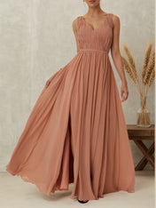 Pink Ruched Prom Dress V Neck Sleeveless A-Line Maxi Bridesmaid Dress