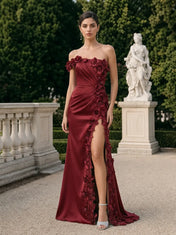 Burgundy Satin Strapless Evening Dress with 3D Floral Appliques