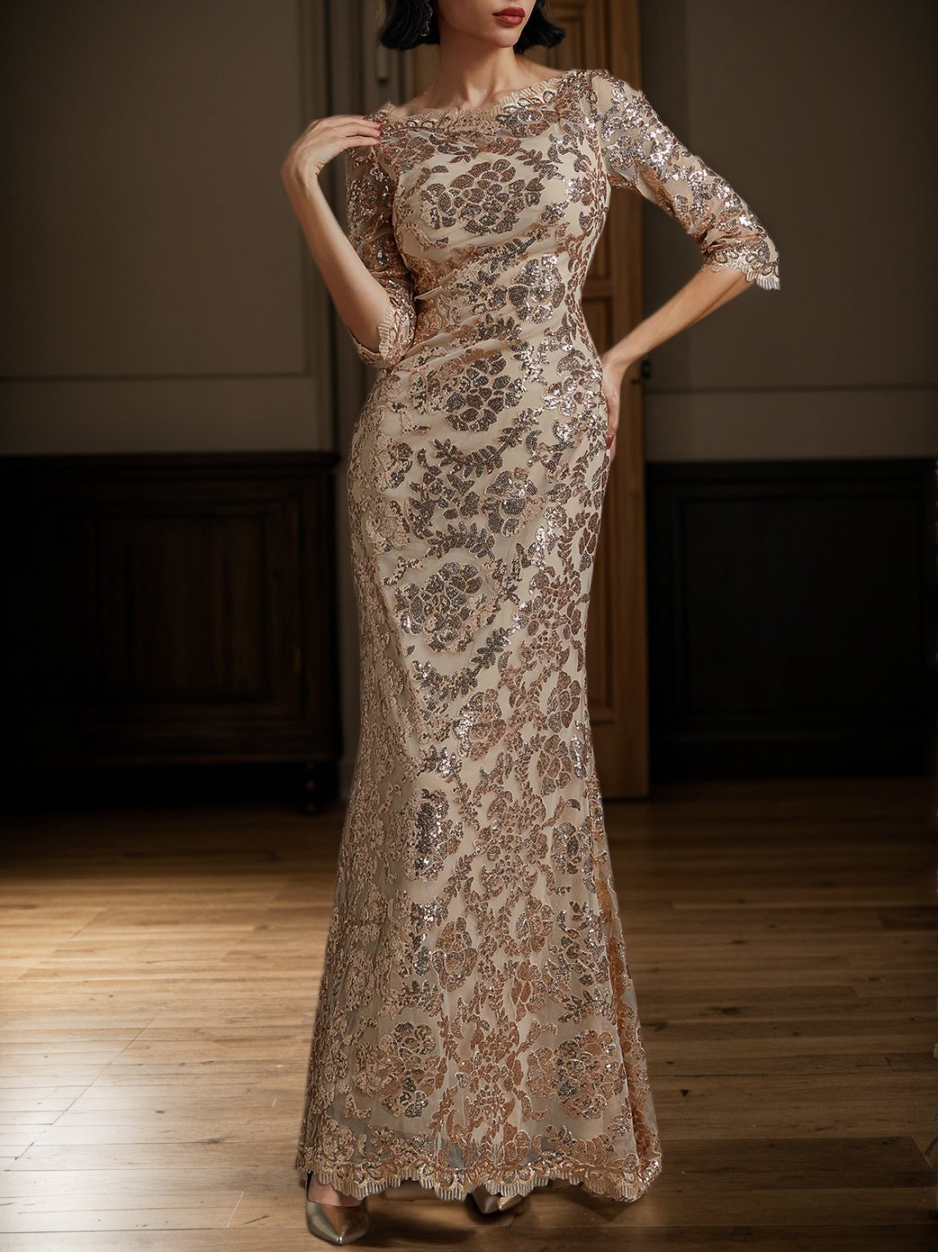 Rose Gold Sequin Crew Neck Three Quarter Sleeve Mermaid Gown Dress