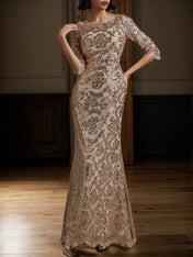 Rose Gold Sequin Crew Neck Three Quarter Sleeve Mermaid Gown Dress