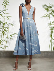 Light Blue 3D Floral Chiffon V Neck Sleeveless A-Line Maxi Dress